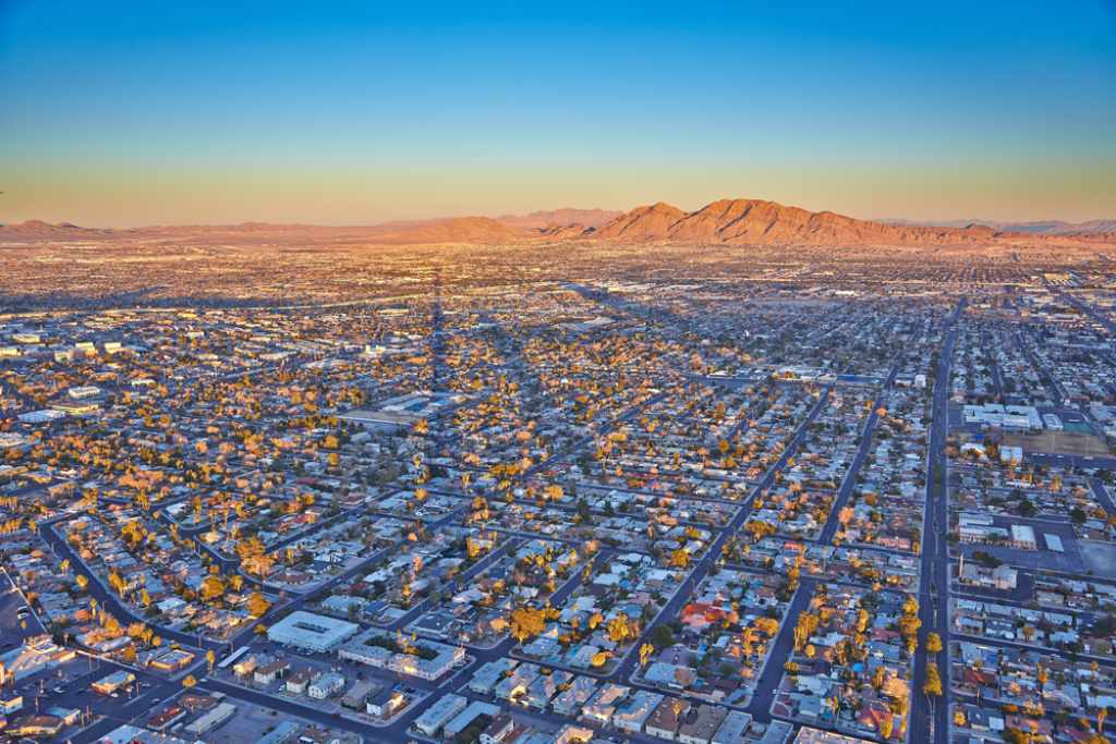 An aerial view of Las Vegas at sunset 